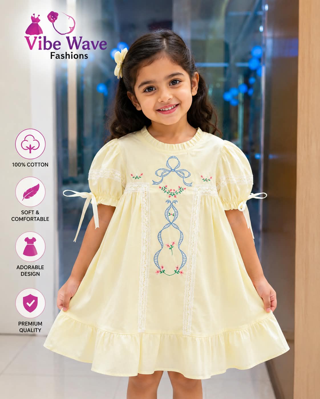 Girls' Embroidered Cotton Frock with Lace Peter Pan Collar