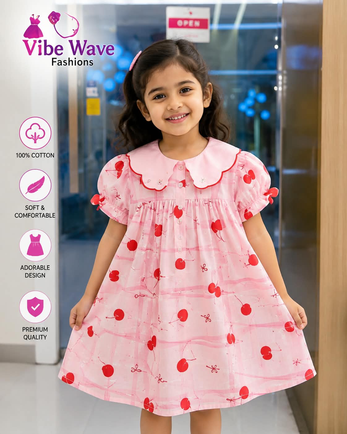 Girls' Embroidered Cotton Frock with Lace Peter Pan Collar