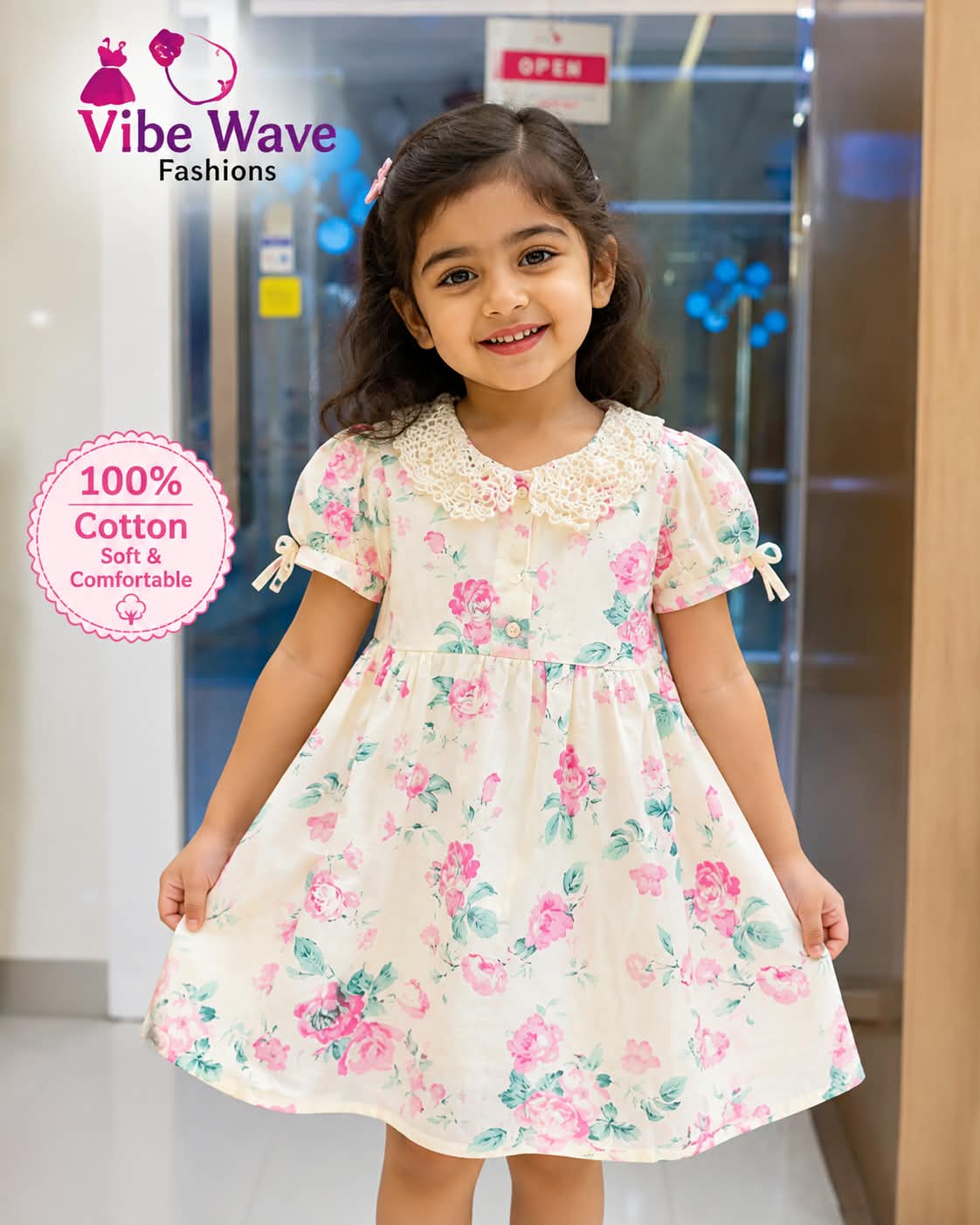 Girls' Embroidered Cotton Frock with Lace Peter Pan Collar
