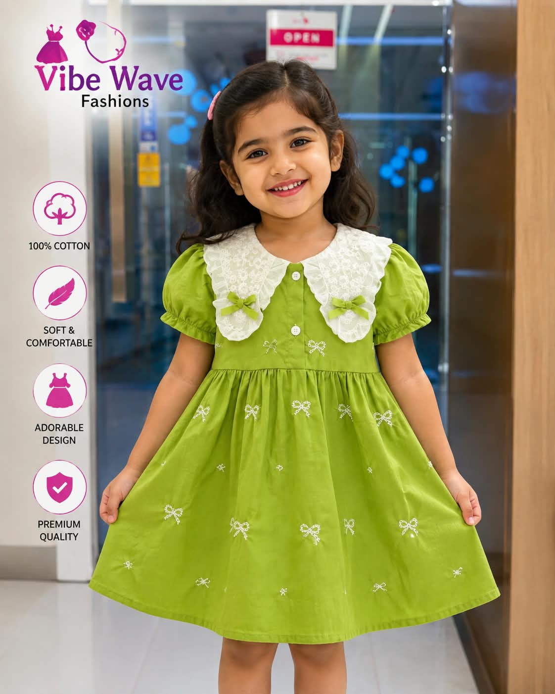 Girls' Olive Green Embroidered Cotton Frock with Lace Peter Pan Collar
